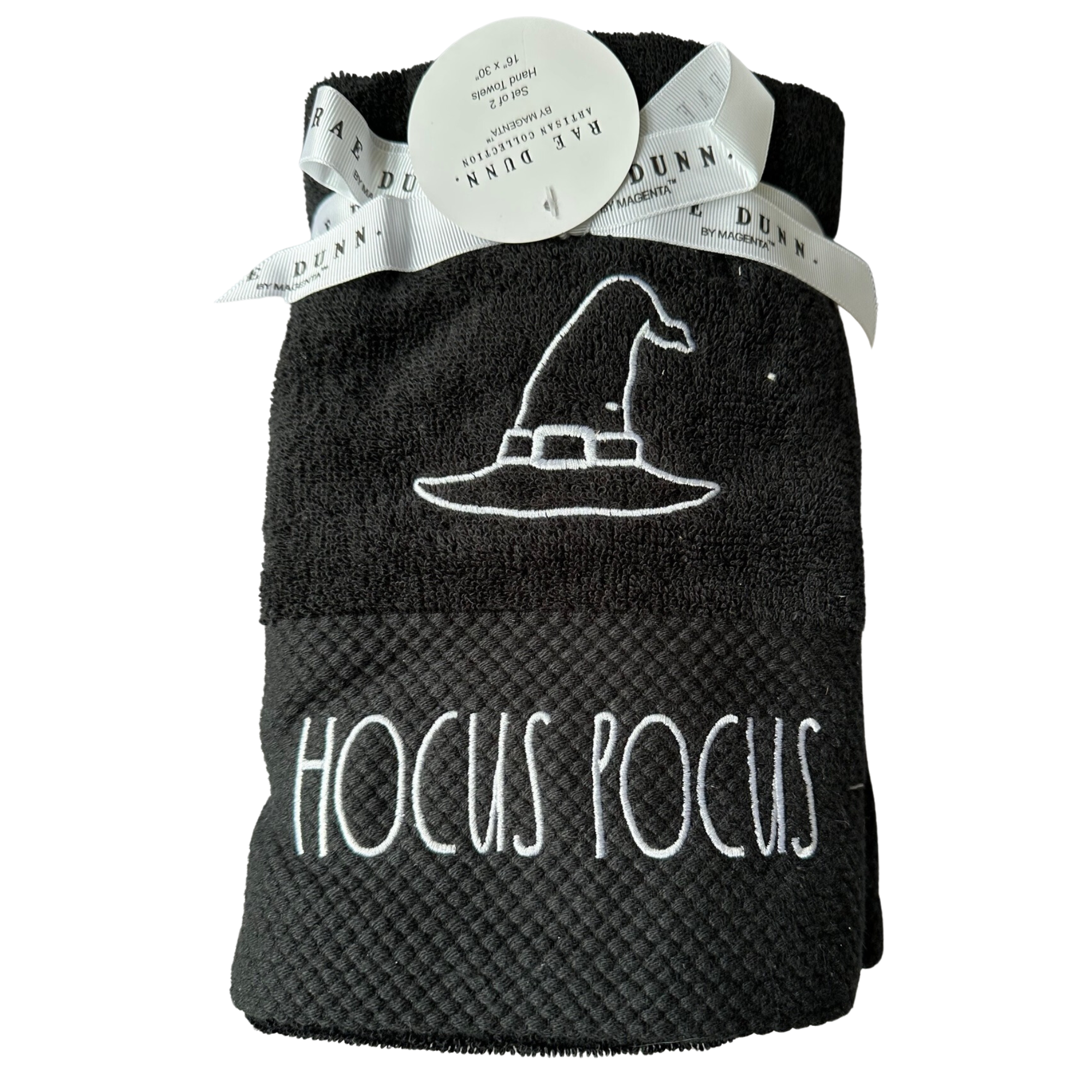 Halloween Hand Towel Set: Black, Rae Dunn, “Hocus Pocus” with Witch Hat, Use for Year-Round Spooky Season in Kitchen or Bathroom