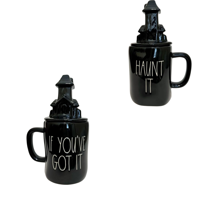 Rae Dunn Halloween Double Sided Black Mug with Haunted House Topper, “If You’ve Got It, Haunt It”