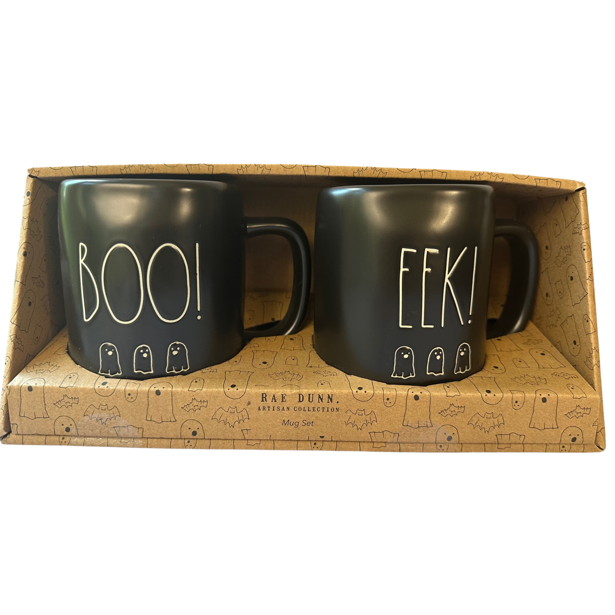 Rae Dunn Halloween Black Mug Set, “Boo!” and “Eek!” with Cute Ghosts, Great Gift